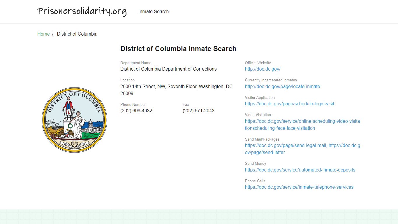 District of Columbia Inmate Search – District of Columbia ...